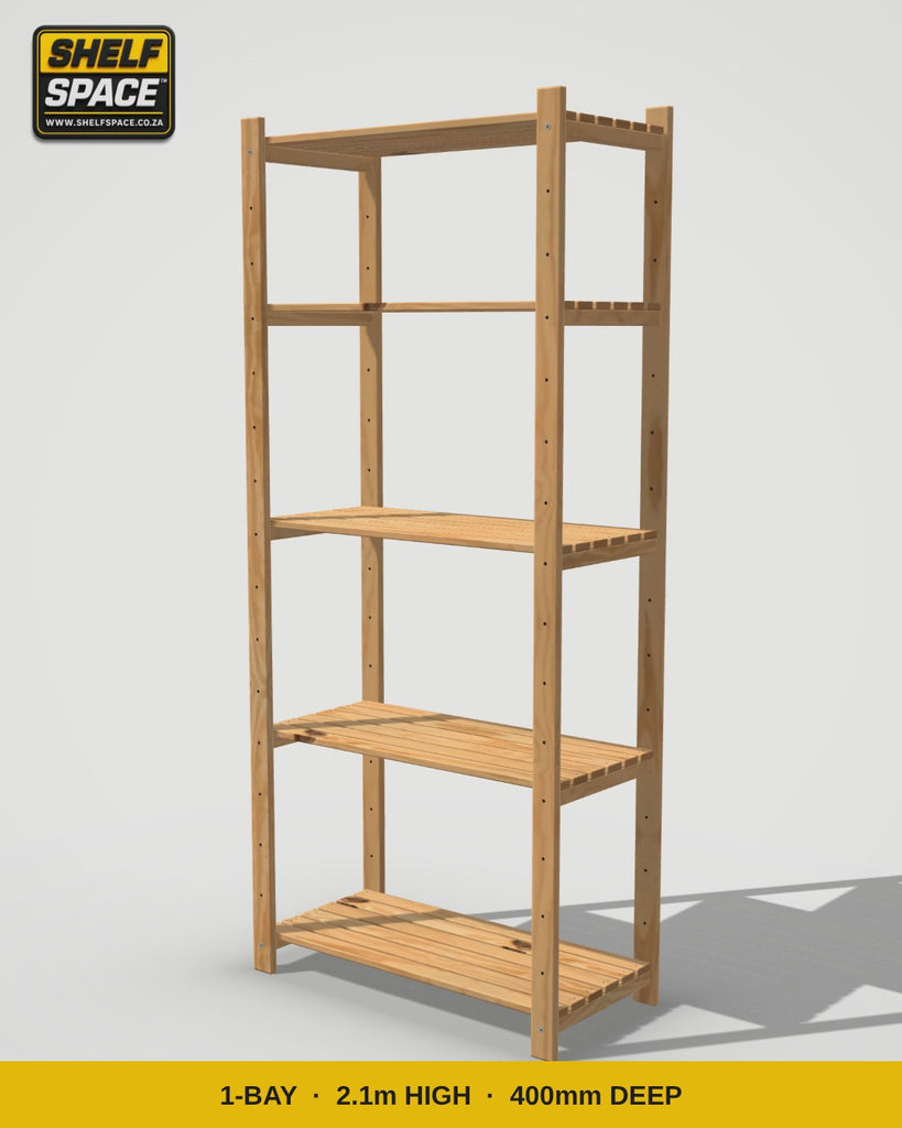 How to extend Shelf Space pine shelving from 1 bay to 5 bays – unscrew the end upright, swap in a double upright, screw back in and add the next bay
